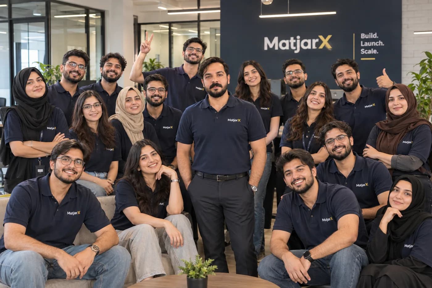 The MatjarX team together in the main office in Lahore, in navy MatjarX polo shirts, under the MatjarX “Build. Launch. Scale.” wall sign