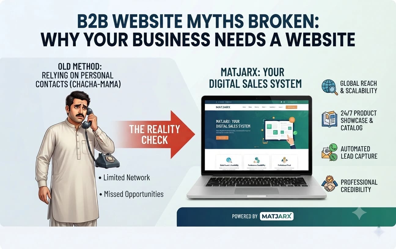 Illustration of a B2B business website showcasing product catalogs, lead generation, inquiry forms, WhatsApp integration, and digital sales automation for business growth.