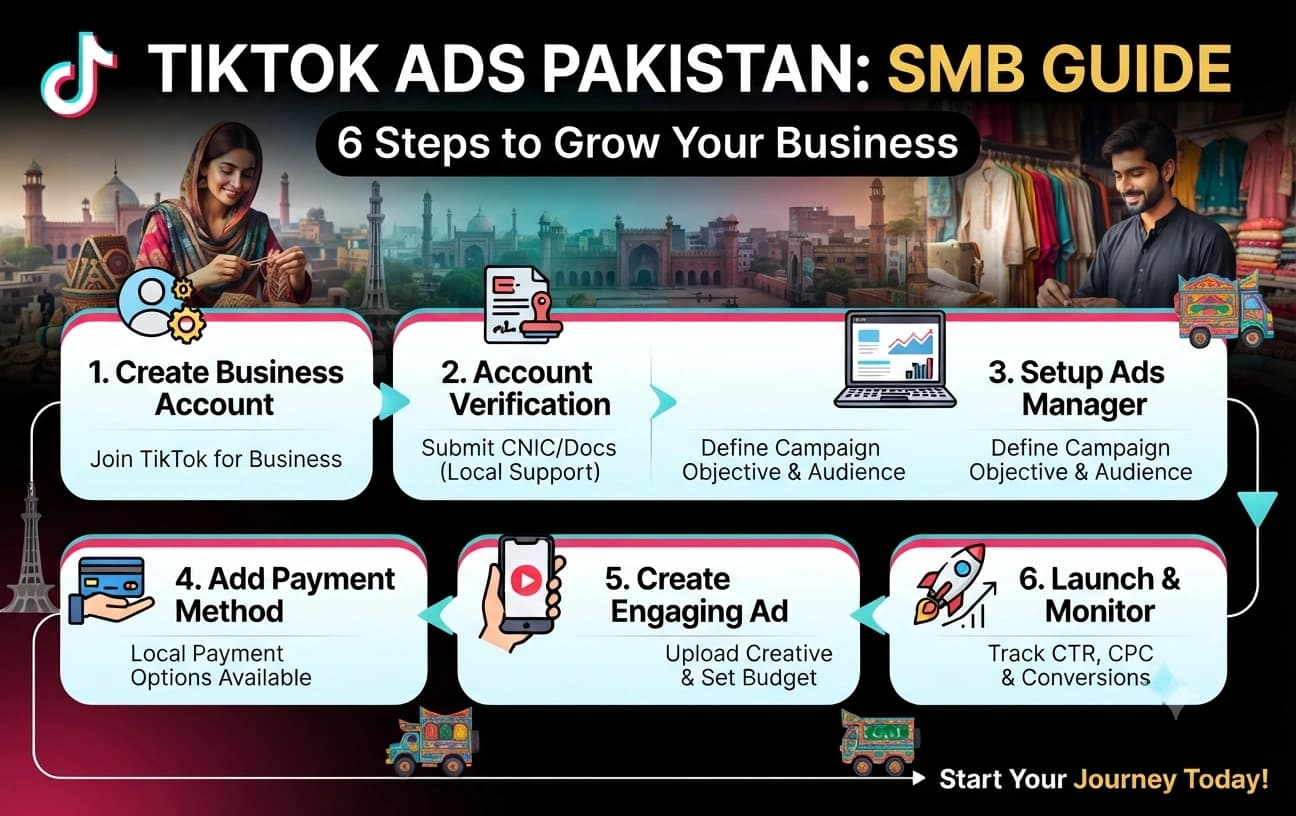 Illustration of TikTok Ads Manager showing campaign setup, audience targeting, account verification, payment options, and performance tracking for businesses in Pakistan.