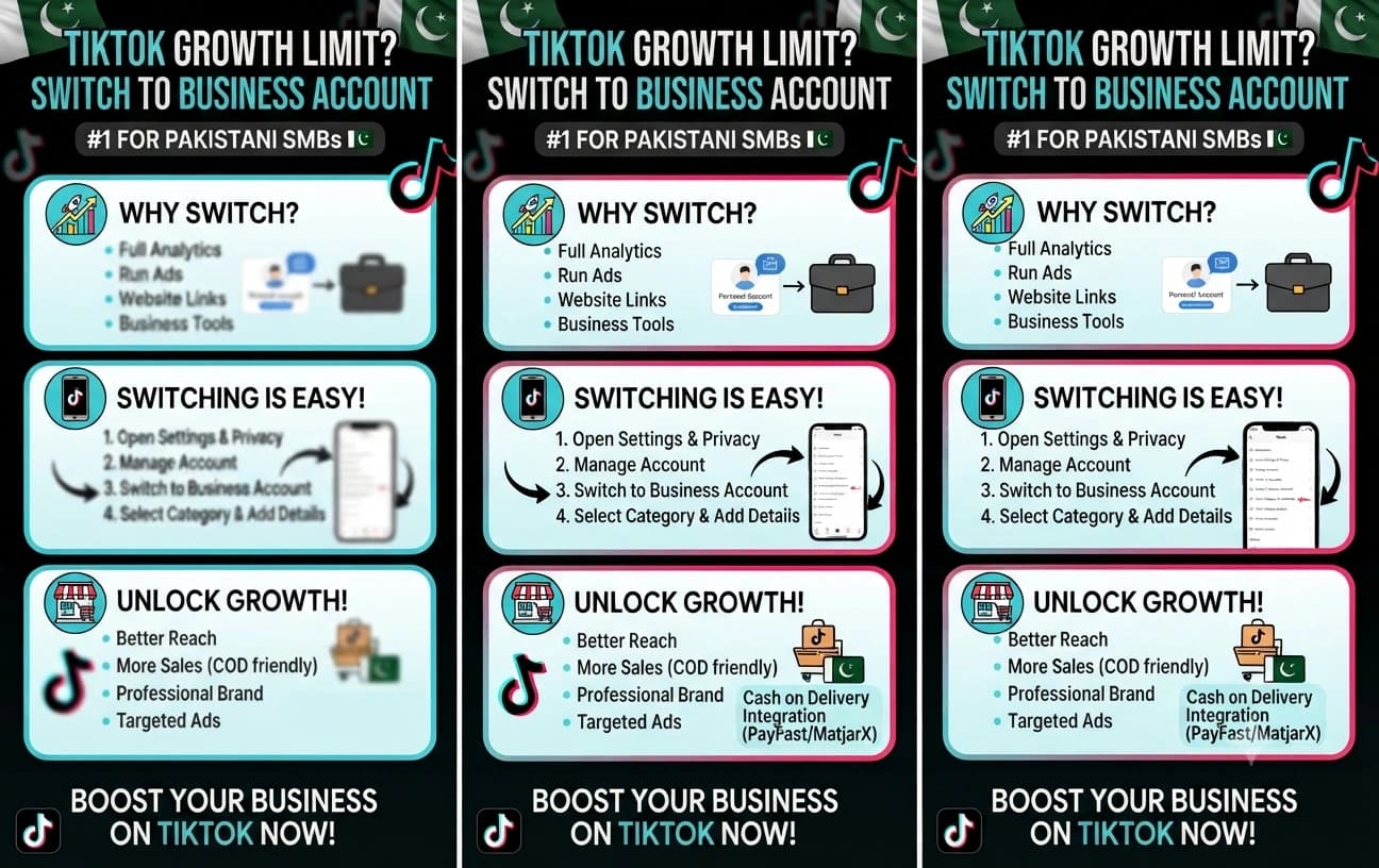 Illustration of switching from a personal TikTok account to a TikTok Business Account, highlighting analytics, ads manager, website integration, audience insights, and business growth tools.