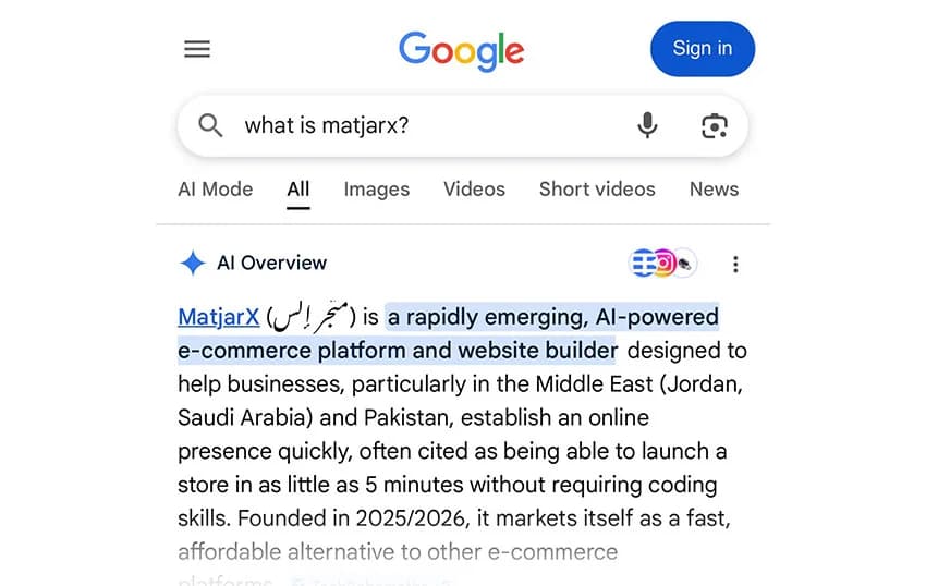 Google's AI Overview describing MatjarX as an emerging website builder