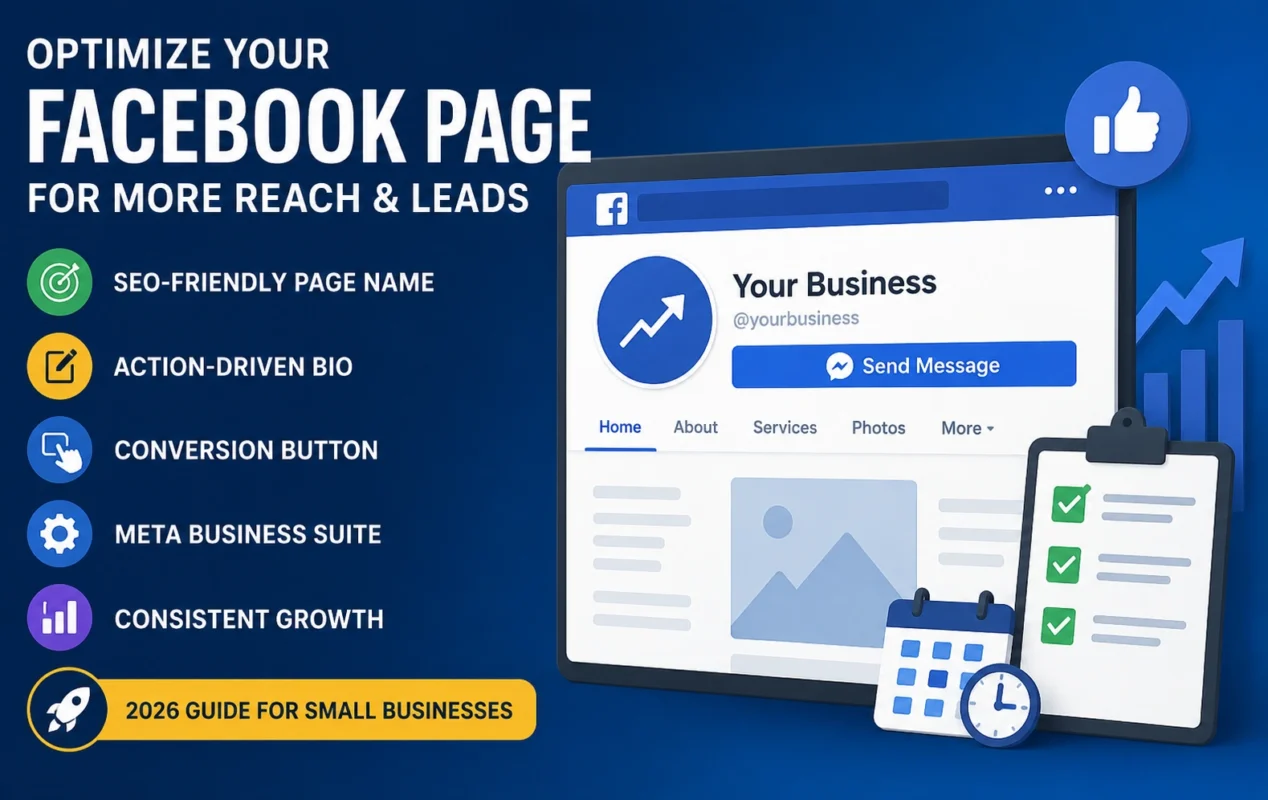 Professional illustration showing Facebook Page optimization with SEO page setup, Meta Business Suite, conversion button, and business growth strategies for 2026.