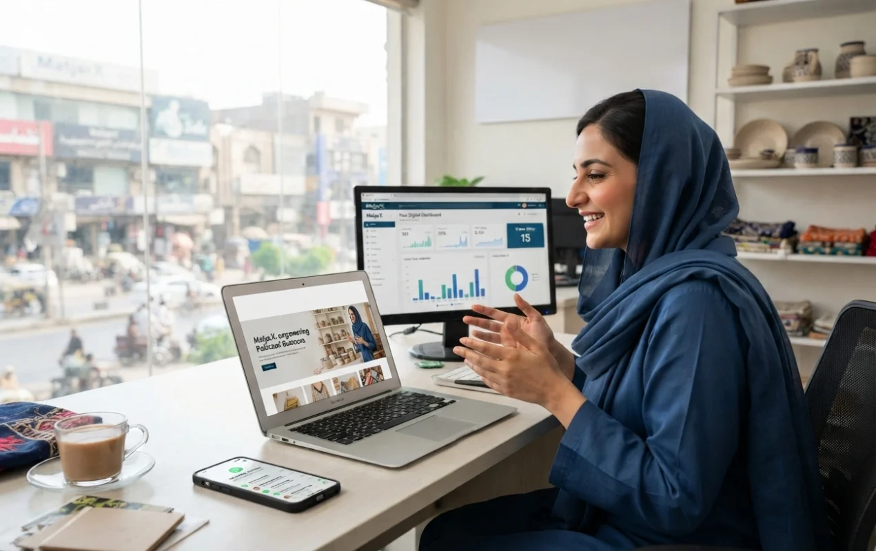 Illustration of a business website acting as a 24/7 digital salesperson, showcasing products, generating leads, building customer trust, and driving online sales for small businesses.