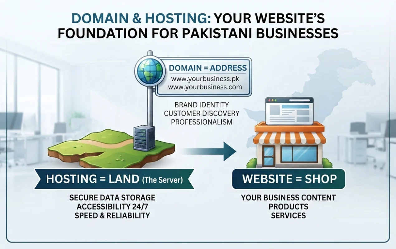 Illustration explaining the difference between domain and web hosting using a website foundation concept, showing domain as the website address, hosting as server space, and a business website for small businesses.