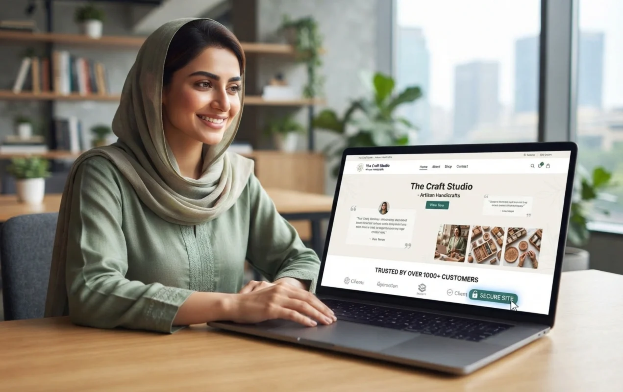 Illustration of a professional business website featuring modern design, customer testimonials, secure HTTPS connection, fast loading speed, and mobile-friendly layout to build trust and credibility.