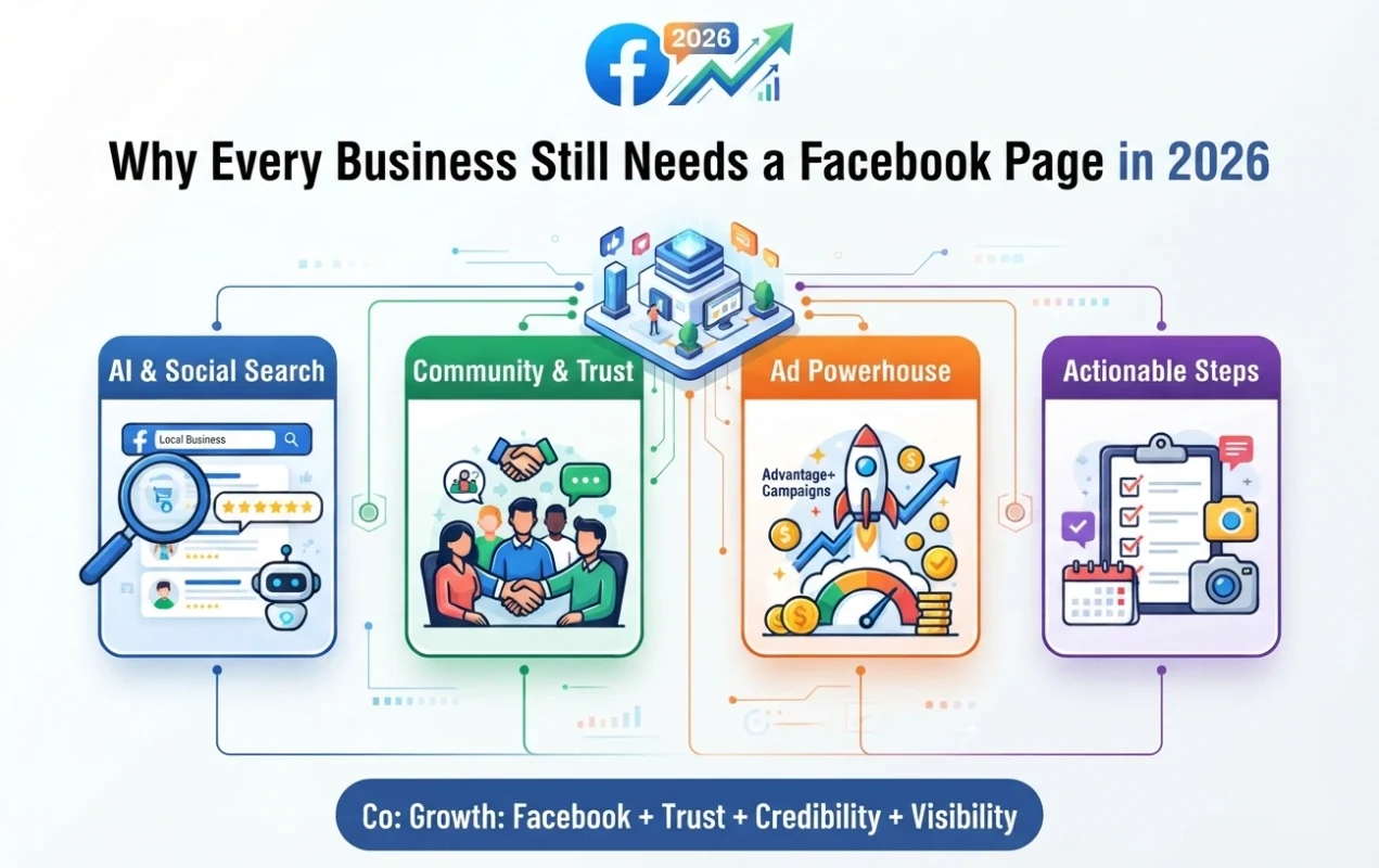 Professional illustration showing a Facebook Business Page with social search, AI recommendations, customer engagement, reviews, and Meta Advantage+ ads helping businesses grow in 2026.