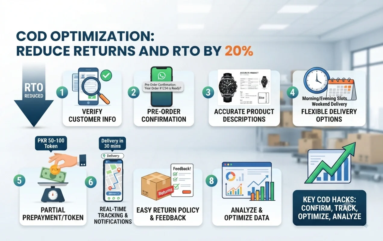 Illustration of Cash on Delivery (COD) order optimization showing customer verification, WhatsApp confirmations, delivery tracking, partial prepayment, return management, and reduced RTO for eCommerce businesses in Pakistan.