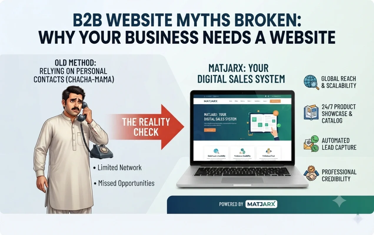 Illustration of a B2B business website showcasing product catalogs, lead generation, inquiry forms, WhatsApp integration, and digital sales automation for business growth.