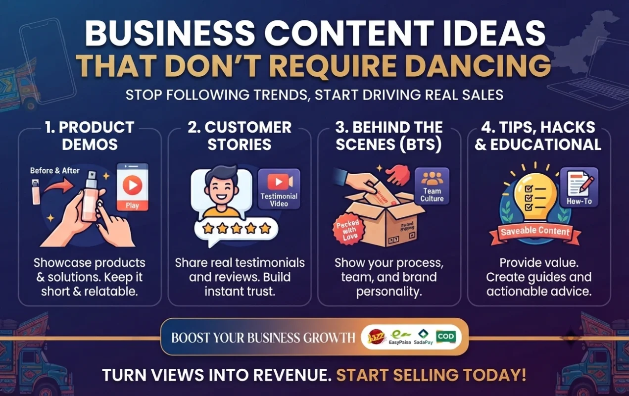 Illustration showing non-dancing social media content ideas for businesses, including product demos, customer reviews, behind-the-scenes videos, educational tips, and content marketing strategies that drive sales.