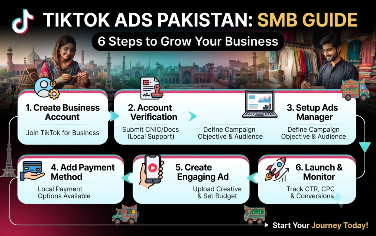 Illustration of TikTok Ads Manager showing campaign setup, audience targeting, account verification, payment options, and performance tracking for businesses in Pakistan.