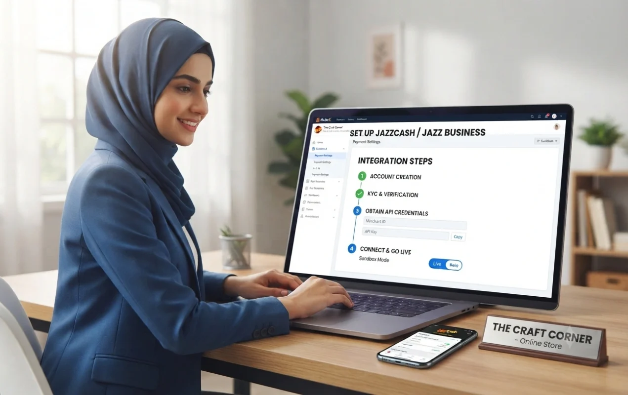 Illustration of JazzCash Business payment gateway integration showing merchant account setup, API integration, secure online payments, website checkout, and digital payment processing for businesses in Pakistan.