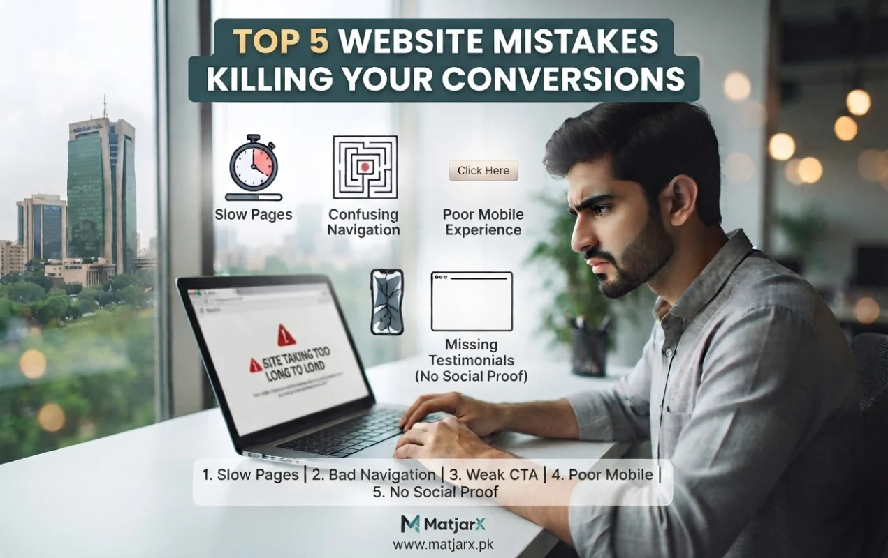 Illustration highlighting common website mistakes such as slow loading pages, poor mobile design, weak call-to-action buttons, confusing navigation, and missing customer testimonials affecting online conversions.