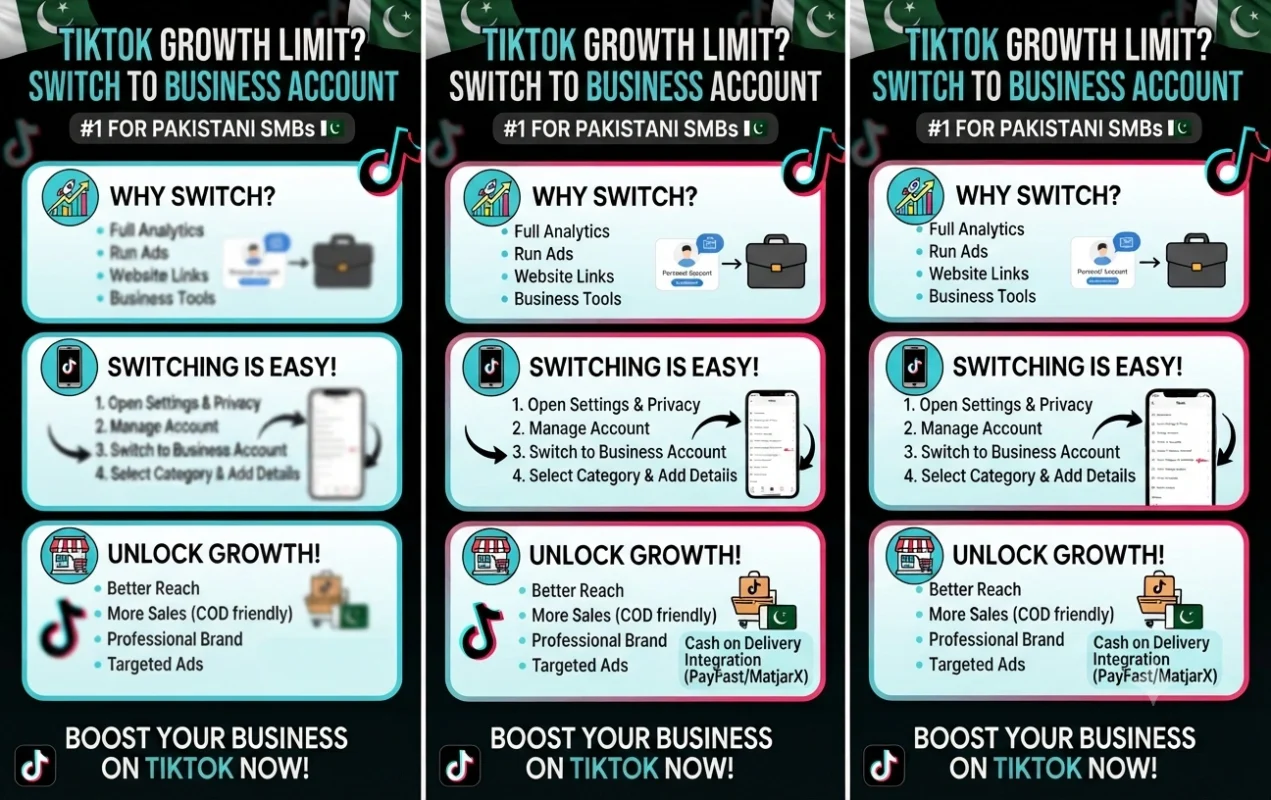 Illustration of switching from a personal TikTok account to a TikTok Business Account, highlighting analytics, ads manager, website integration, audience insights, and business growth tools.