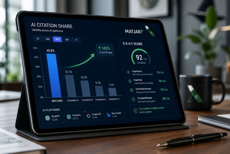 Tablet displaying an AI Citation Share analytics dashboard where MatjarX leads competitors, alongside an E-E-A-T score panel showing experience, expertise, authoritativeness, and trustworthiness metrics.