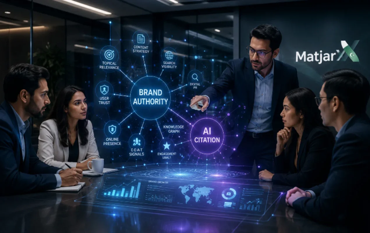 Business professionals analyzing a holographic knowledge graph connecting Brand Authority and AI Citation in a modern boardroom, featuring MatjarX branding.