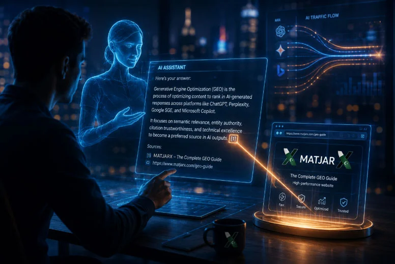 A user interacting with a holographic AI assistant where a glowing citation link connects an AI-generated response to the MatjarX website, illustrating AI citations and referral traffic.