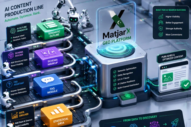Isometric 3D illustration of AI robots assembling semantic outlines, schema markup, FAQ modules, and statistical data into the MatjarX GEO Platform to produce an optimized webpage.