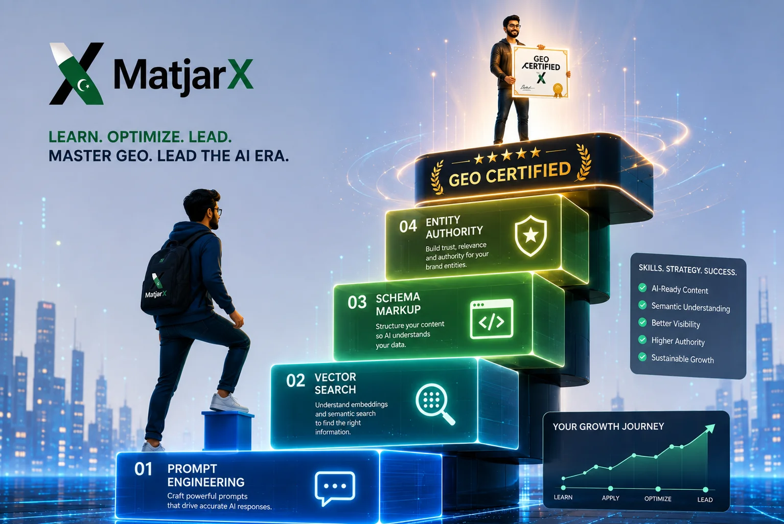 A futuristic illustration showing a digital marketer climbing a staircase labeled Prompt Engineering, Vector Search, Schema Markup, and Entity Authority toward a GEO Certified platform.