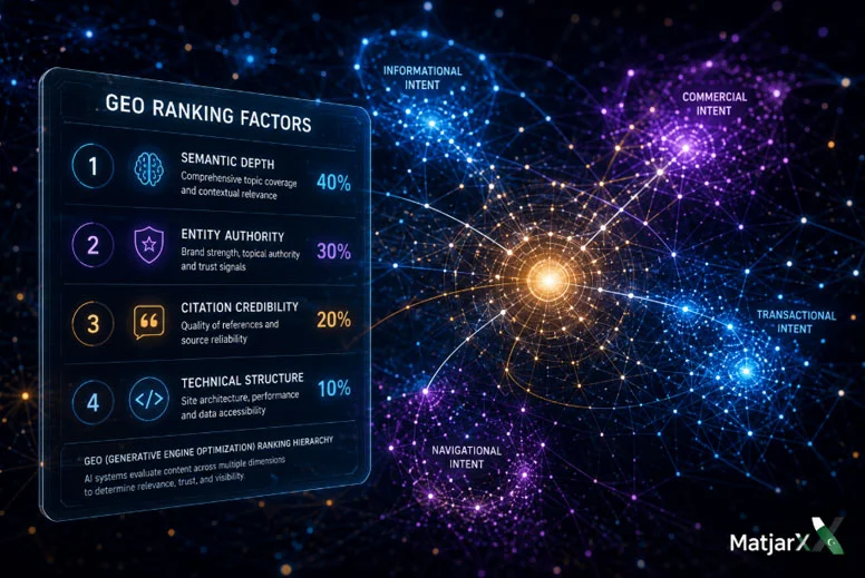 Abstract visualization of a high-dimensional vector space showing interconnected semantic nodes with a GEO Ranking Factors hierarchy highlighting Semantic Depth, Entity Authority, Citation Credibility, and Technical Structure.