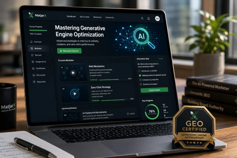 Professional workspace featuring a laptop displaying a Mastering Generative Engine Optimization online certification course with modules on RAG Mechanics and Zero-Click Strategy, alongside a premium GEO certification badge.