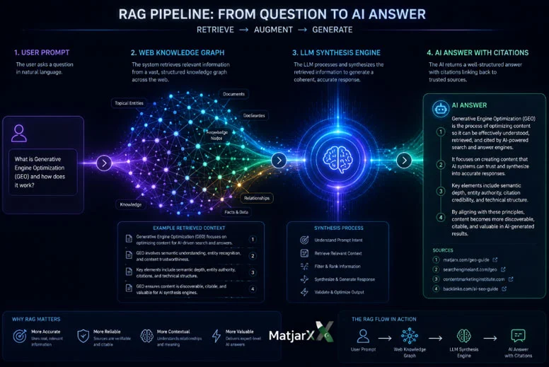 Infographic illustrating the Retrieval-Augmented Generation (RAG) pipeline, showing the flow from a user prompt through a web knowledge graph and LLM synthesis engine to an AI-generated answer with citations.