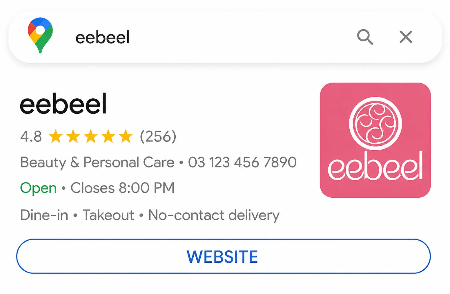 eebeel Google search listing featuring the eebeel logo, 4.8-star rating, beauty and personal care information, and website button. Matjarx.com