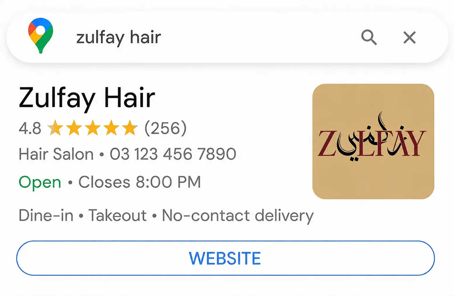 Zulfay Hair Google search listing featuring the Zulfay logo, 4.8-star rating, salon information, and website button- Matjarx.com